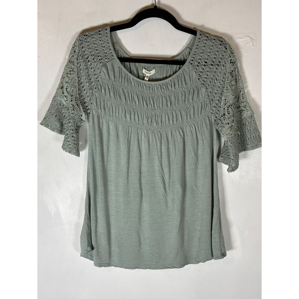 Maurices‎ Small Sage Blue Gray Linen Blend Crochet Lace Swing Blouse Cottagecore